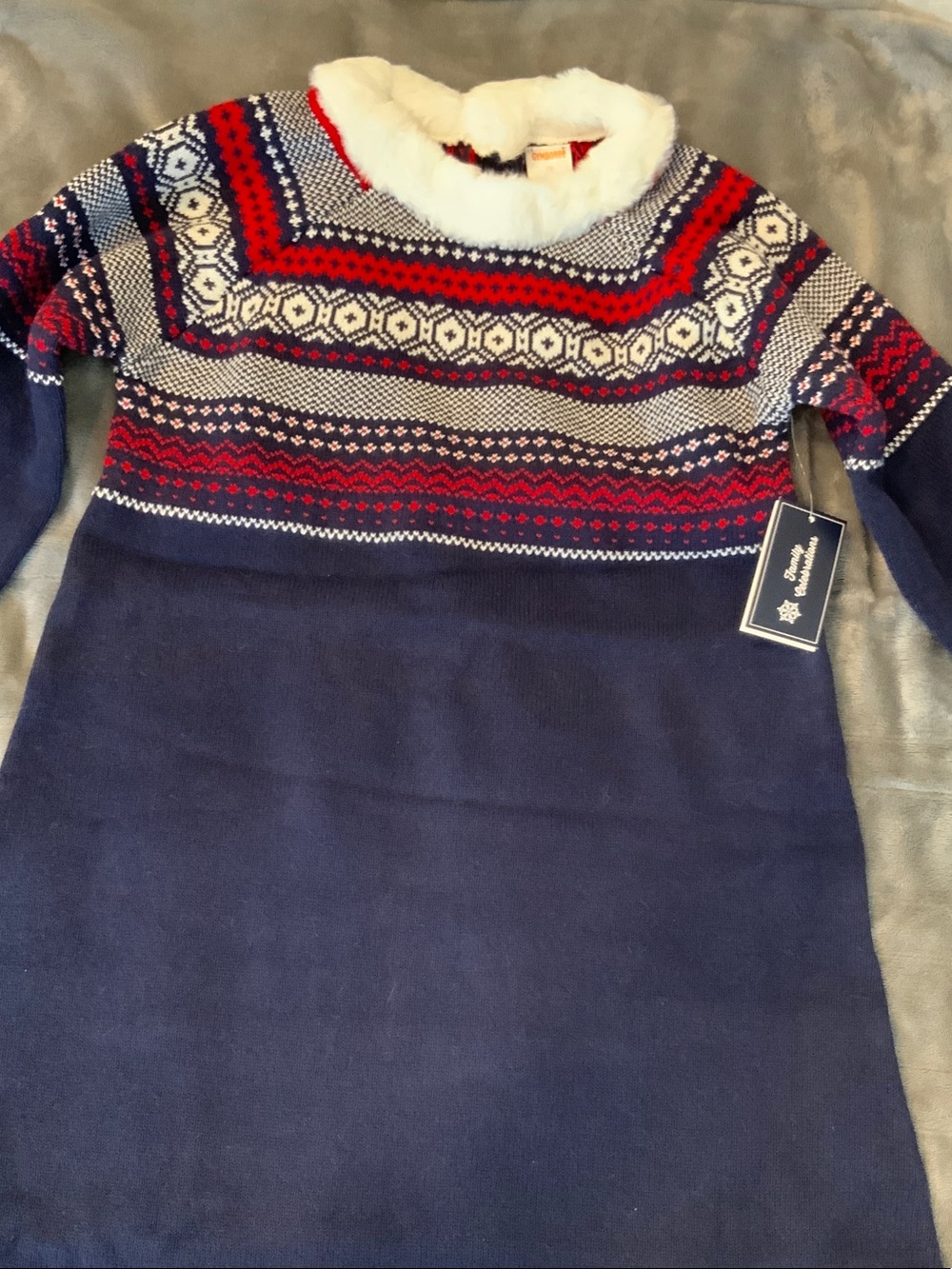 Gymboree Navy Fair Isle Sweater Dress with White Faux Fur Collar and Red Accents